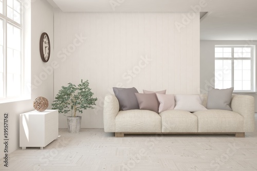 White living room with sofa. Scandinavian interior design. 3D illustration