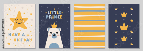 Vector set of cute greeting cards or nursery  posters  with cute bear, crown, stars and text in scandinavian style.  Modern design  for prints,  cards, apparel,  children room