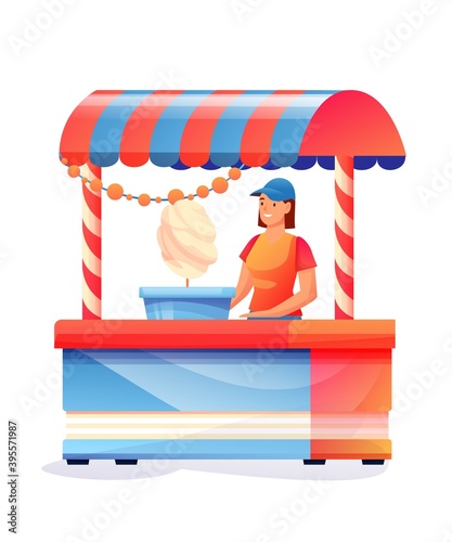 Girl selling cotton candy in booth at amusement park. Holiday and vacation recreation vector illustration. Young woman working selling sweet food isolated on white background