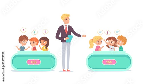 Kids playing quiz game with show host. Smart children in teams discussing answers to question in competition, host standing, score on boards. Television trivia show vector illustration