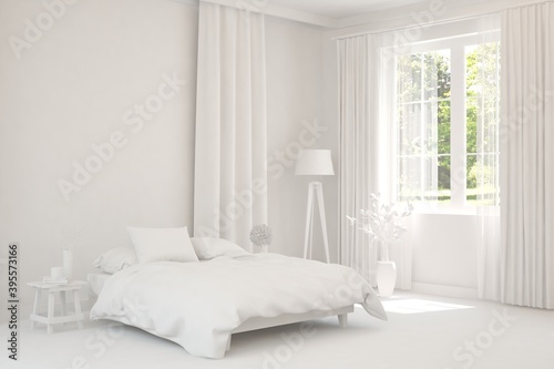 Stylish bedroom in white color with summer landscape in window. Scandinavian interior design. 3D illustration