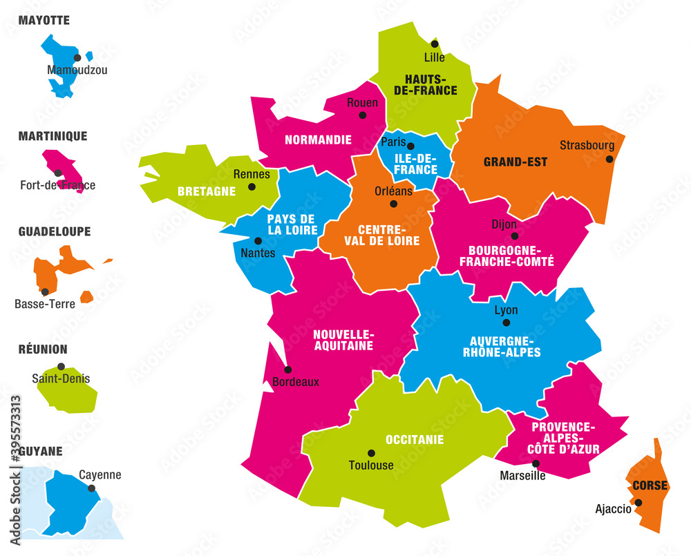 Carte régions de France 2020 sources 8 Stock Vector