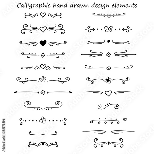Vector hand drawn set of calligraphic elements with hearts and flowers. Collection of vintage and wedding dividers with swirls and retro elements.