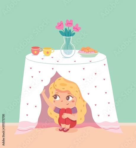 Little girl hiding under table in kitchen. Playing hide and seek with friends at home vector illustration. Kid peeking from table cloth, fun childhood game and cheerful pastime