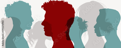Businessman leader who leads and connects group of multi-ethnic men and women of diverse nationalities.Communication between manager and business people.Side silhouette person.Abstract