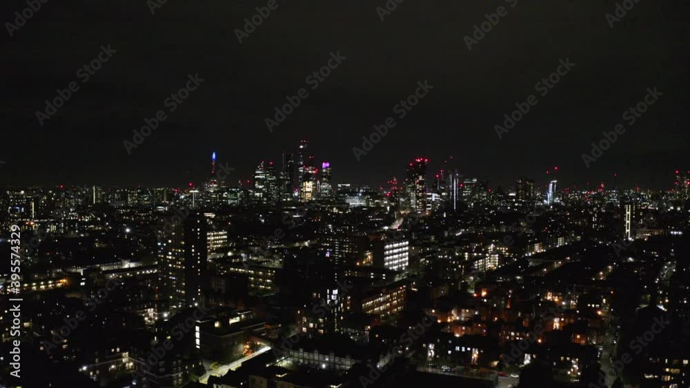 Rising night drone shot of London City skyline Rising night drone shot of London City skyline