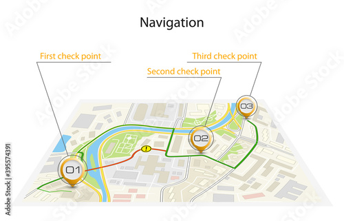 Isometric city map business infographic navigation, 3d flat isometry point markers schema, 3D simple city plan GPS navigation final destination arrow paper city map. Route delivery check point graphic