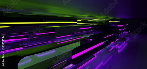 Abstract architectural minimalistic background. Laser show in the ultraviolet spectrum. Modern impulse tunnel. Futuristic space sci-fi frame neon backlight. 3D illustration and rendering.