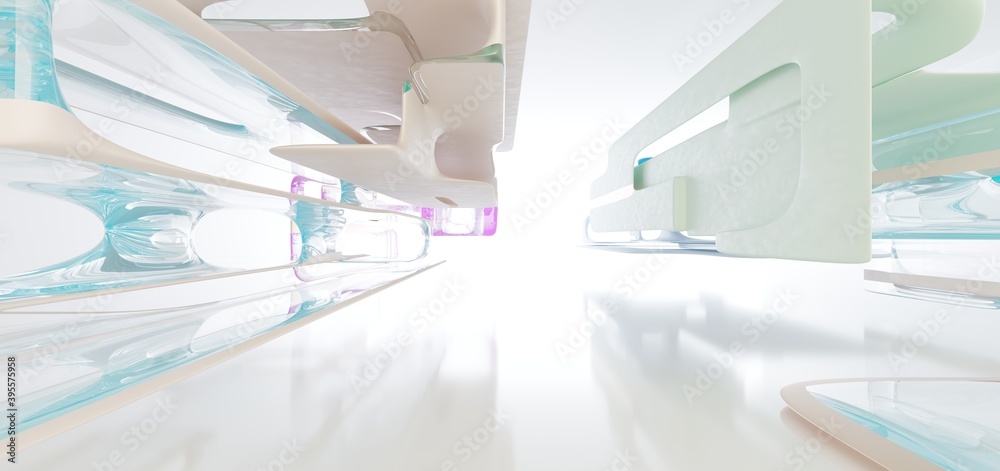 Luxury parametric abstract architectural minimalistic background. Contemporary showroom. Modern colored glass exhibition tunnel. Empty gallery. Backlight. 3D illustration and rendering.