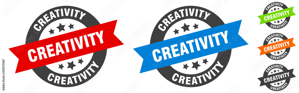 creativity stamp. creativity round ribbon sticker. tag