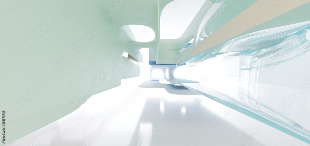 Luxury parametric abstract architectural minimalistic background. Contemporary showroom. Modern colored glass exhibition tunnel. Empty gallery. Backlight. 3D illustration and rendering.