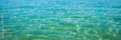 Calm sea, blue water, sky and horizon scene in Tunisia. Vacation relaxing concept. Web banner for your design.