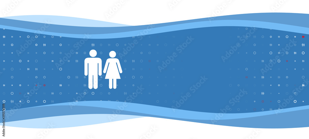 Blue wavy banner with a white man with woman symbol on the left. On the background there are small white shapes, some are highlighted in red. There is an empty space for text on the right side