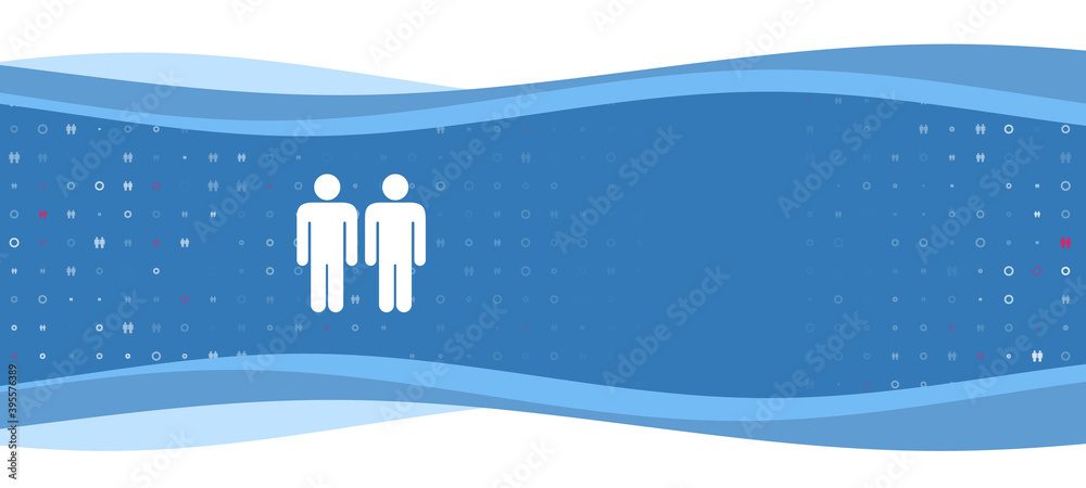 Blue wavy banner with a white man with man symbol on the left. On the background there are small white shapes, some are highlighted in red. There is an empty space for text on the right side