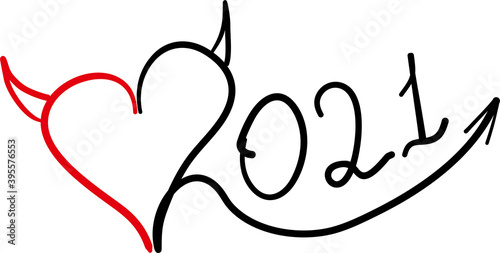 Lettering design element, handwritten, isolated for 2021 calendar. Heart with horns