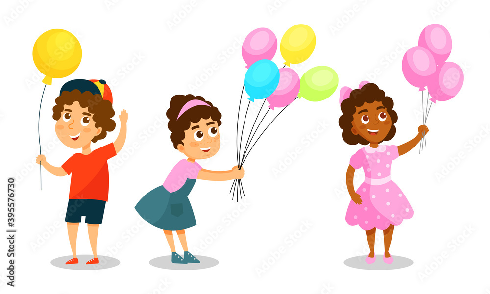Kid Characters with Party Balloons Having Fun Vector Set