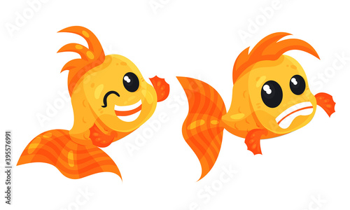 Funny Golden Fish Showing Different Emotions Vector Set