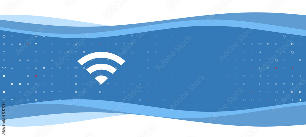 Blue wavy banner with a white wifi symbol on the left. On the background there are small white shapes, some are highlighted in red. There is an empty space for text on the right side