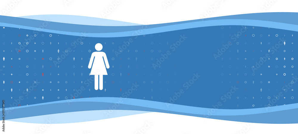 Blue wavy banner with a white woman symbol on the left. On the background there are small white shapes, some are highlighted in red. There is an empty space for text on the right side