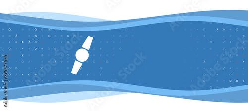 Blue wavy banner with a white wristwatch symbol on the left. On the background there are small white shapes, some are highlighted in red. There is an empty space for text on the right side