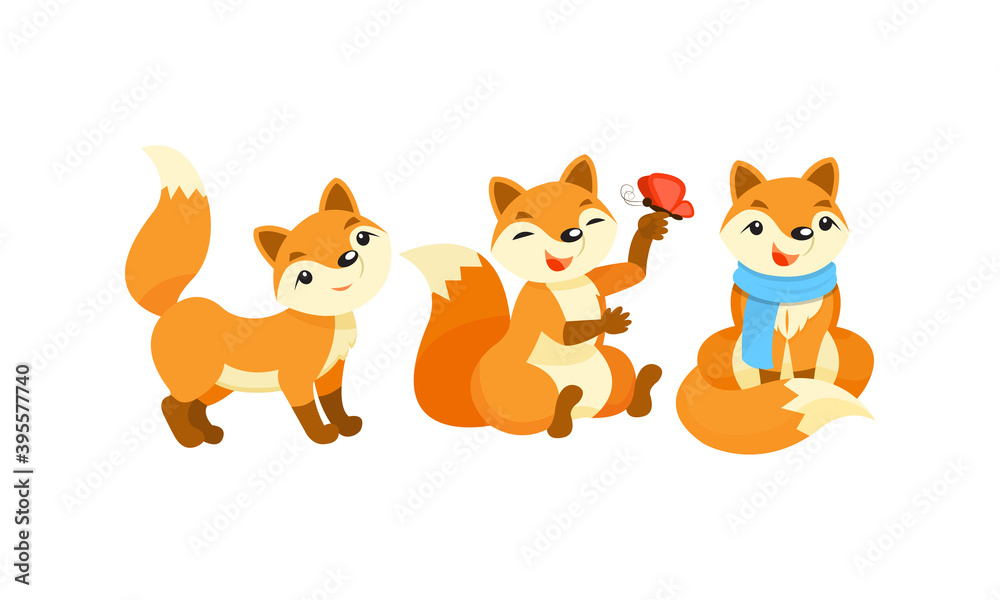 Cute Orange Fox Wearing Scarf and Playing with Butterfly Vector Set