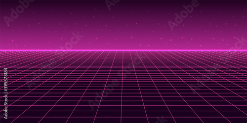 Abstract wireframe landscape 1980s style. Retro futuristic vector grid. Technology neon background.