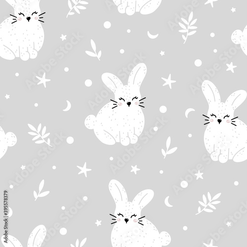 Cute rabbit nursery seamless pattern with abstract elements isolated on gray background. Monochrome hand drawn vector illustration in Scandinavian style.