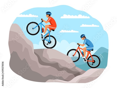 People on bikes, extreme sport adventure. Man and woman driving bicycles in mountains in summer. Outdoor risky recreation vector illustration. Lifestyle in nature and on vacation