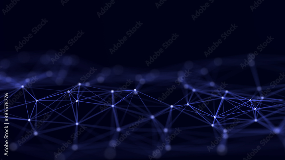 Digital dynamic cyber wave. Abstract futuristic blue background with dots and lines. Big data visualization. 3D rendering. - obrazy, fototapety, plakaty 