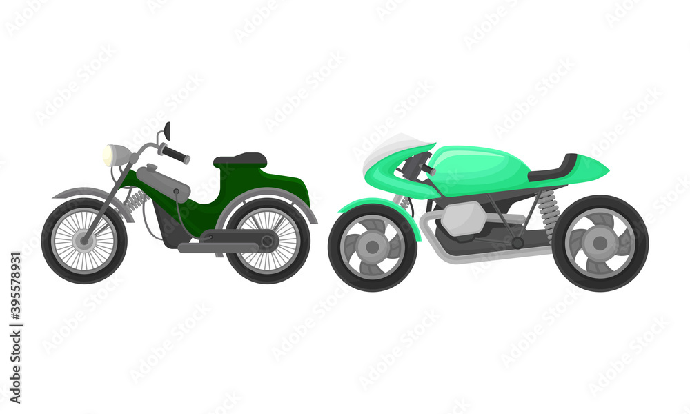 Sport Motorcycle or Motorbike as Two-wheeled Motor Vehicle Side View Vector Set