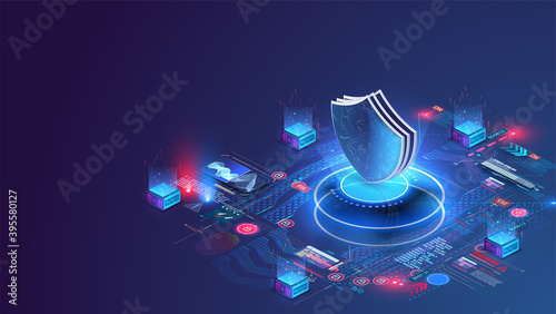 Network data security isometric. Online server protection system concept with data center or blockchain. Data secure. Web crime or virus attack. Symbol of protection. Hacking concept. Vector