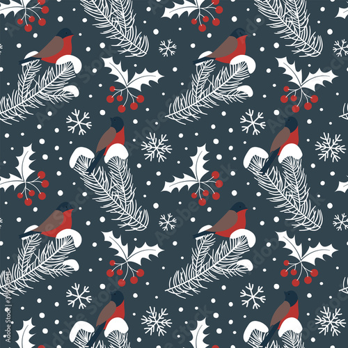 Seamless pattern with bullfinches and fir branches in the snow. Christmas and New Year design.