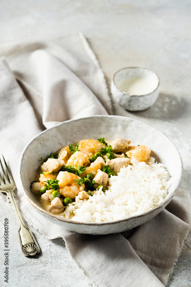 Turkey Fricassee with shrimps and peas