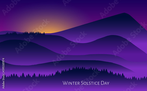 Winter solstice day in December the 21. Greeting card design template. The dark sky with sunset or sunrise. The longest night in the year.