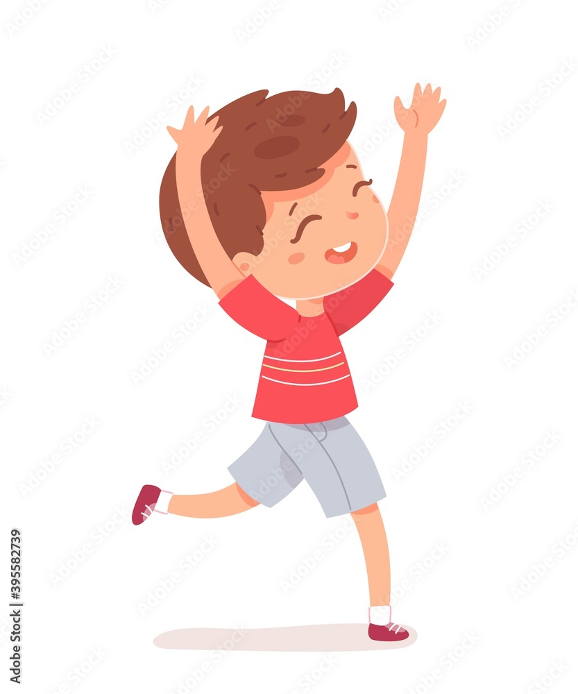Happy kid running with arms up. Cute boy having fun and smiling on white background. Entertainment and amusement leisure vector illustration. Summer holidays in childhood with joy Happy kid running with arms up. Cute boy having fun and smiling on white background. Entertainment and amusement leisure vector illustration. Summer holidays in childhood with joy