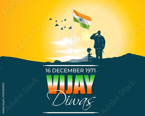 Vector illustration of Vijay Diwas (VICTORY DAY)banner, 16 december 1971, India flag, soldier with rifle and helmet, flying birds, banner template for websites.