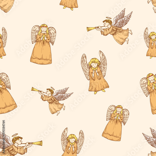 Hand Drawn Christmas Vector Seamless Background Pattern. Angels Sketches Card or Cover Template. Holiday Decoration Wallpaper