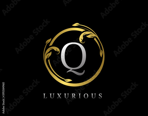 Luxury Circle Letter Q Floral Design. Vintage Gold Q Swirl Logo Icon.