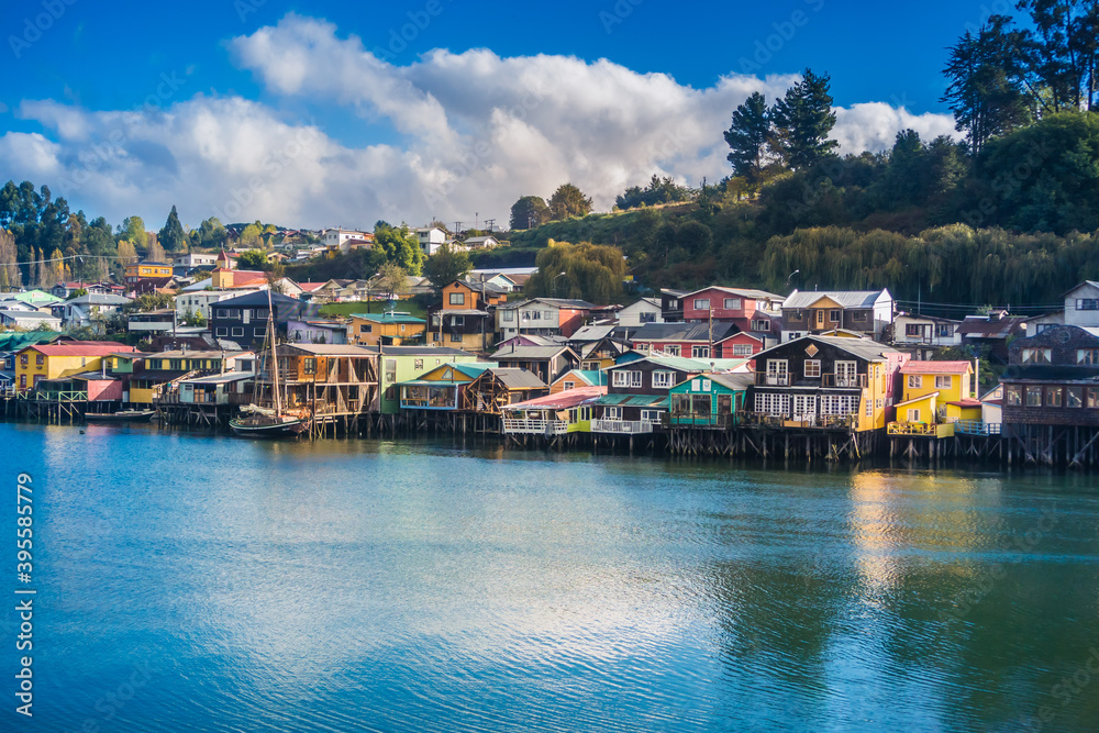 Traditional houses on stilts in Castro, on the island of Chiloe, Chile.