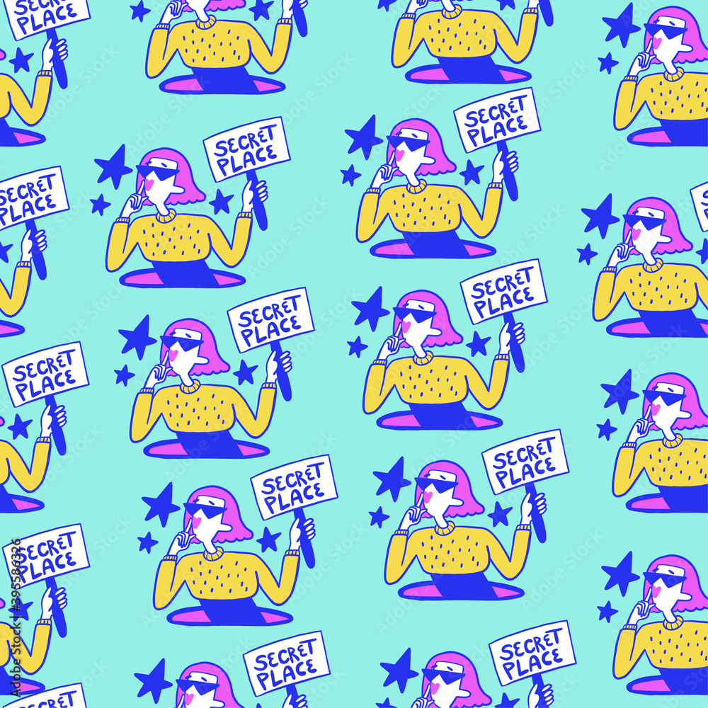 Vector seamless pattern in trending colors of a cool girl with pink hair and a secret place sign. Funny doodle concept suitable for women's home wear and pyjamas