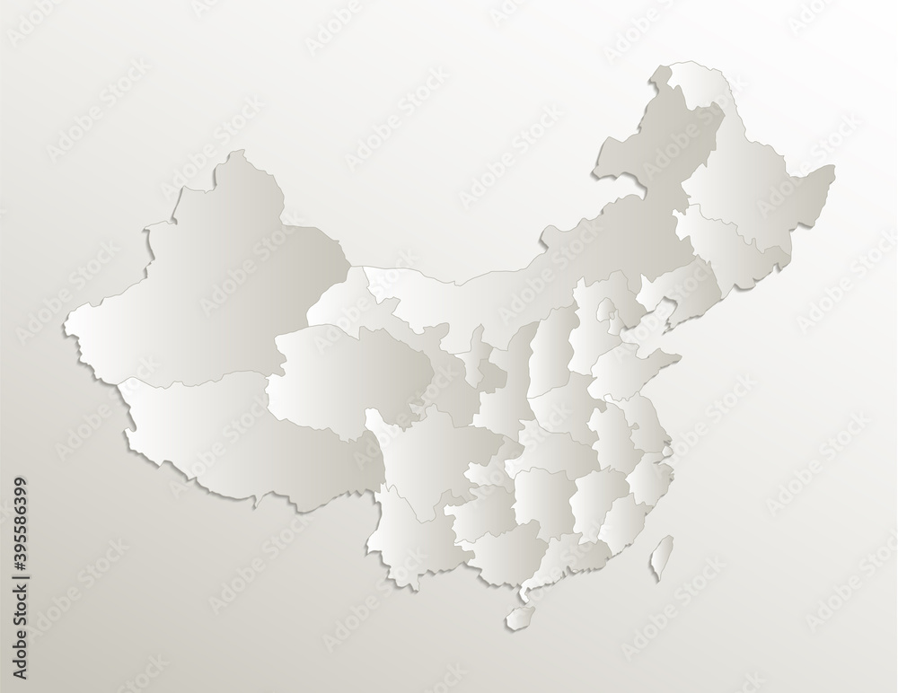 China map administrative division, separates regions, card paper 3D natural blank