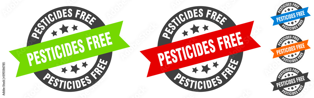 pesticides free stamp. pesticides free round ribbon sticker. tag