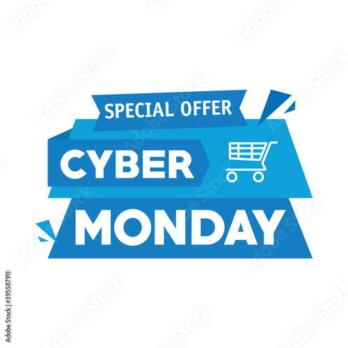 cyber monday lettering in ribbon frame with shopping cart vector illustration design