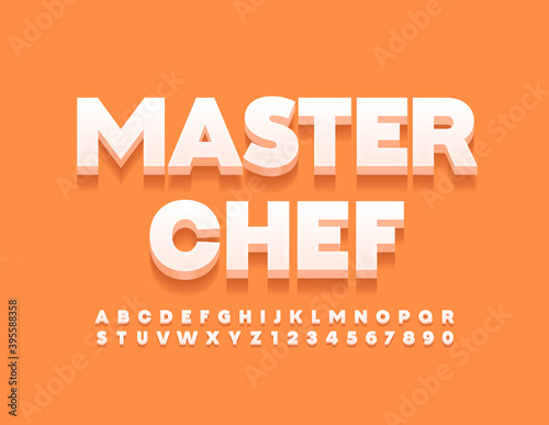 Vector emblem Masterchef for Restaurant and Cafe. 3D Modern Font. White Alphabet Letters and Numbers set
