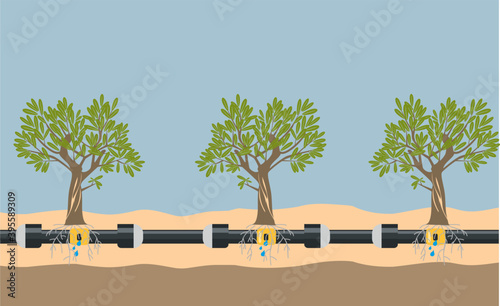 Underground or in ground drip irrigation system. Water irrigation. Automatic sprinklers system. Vector illustration flat design. Smart farming application concept. Saving water and time