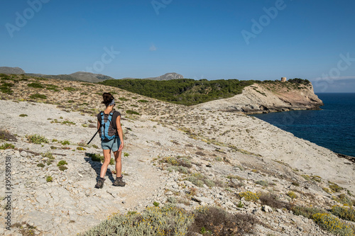hikers in Cala Matzoc  Arta  Mallorca  Balearic Islands  Spain