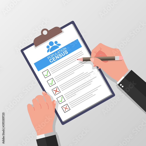 Census form with pencil vector illustration. Hand holding and fill check list on paper sheet clipboard vector illustration.