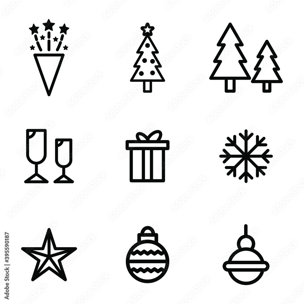 Set, collection of Happy New Year related icons, icon, Merry Christmas, holidays, celebration, End Year holidays, outline icons on white background EPS Vector