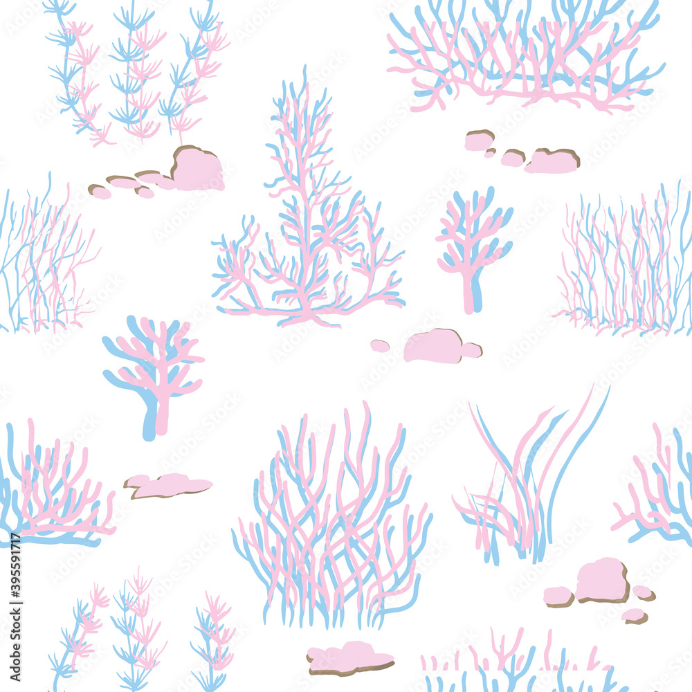 blue, pink corals on a white background. Vector seamless pattern with tropical reef.