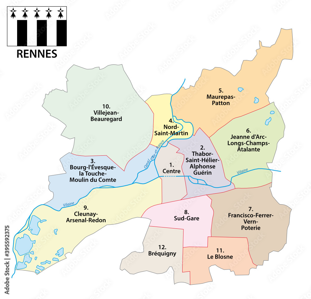 administrative vector map of Breton capital Rennes, France